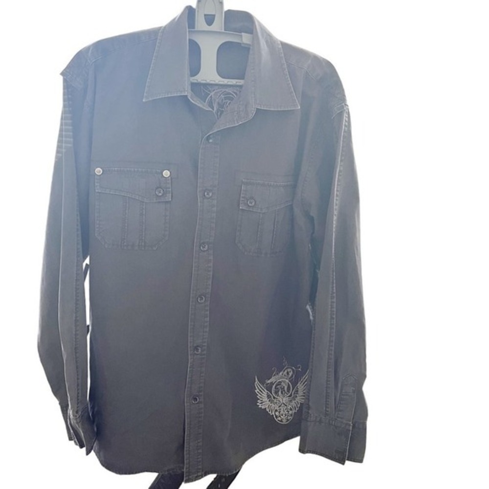 VTG 7 Diamonds Mens‎ Button Up Grey Sz XL Embroidered Y2K Biker Western